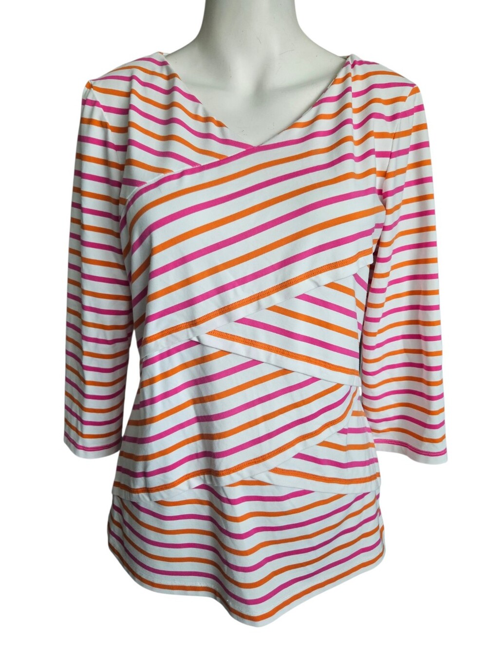J. McLaughlin Orange Pink Striped Crossover Catalina Cloth 3/4 Sleeve Top Large